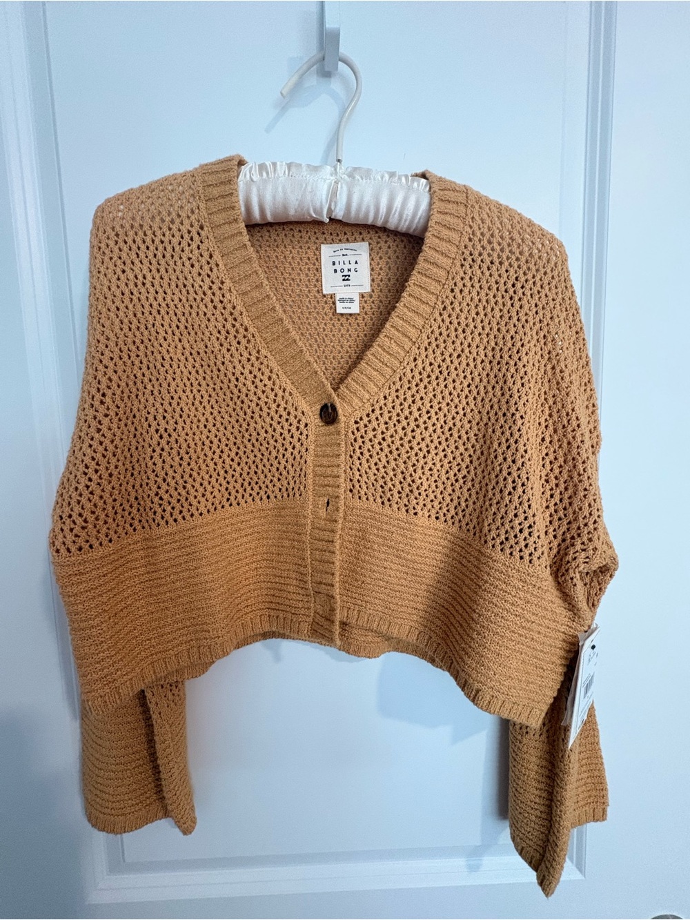 Billabong Cropped Open-Knit V-Neck Cardigan - Camel Brown